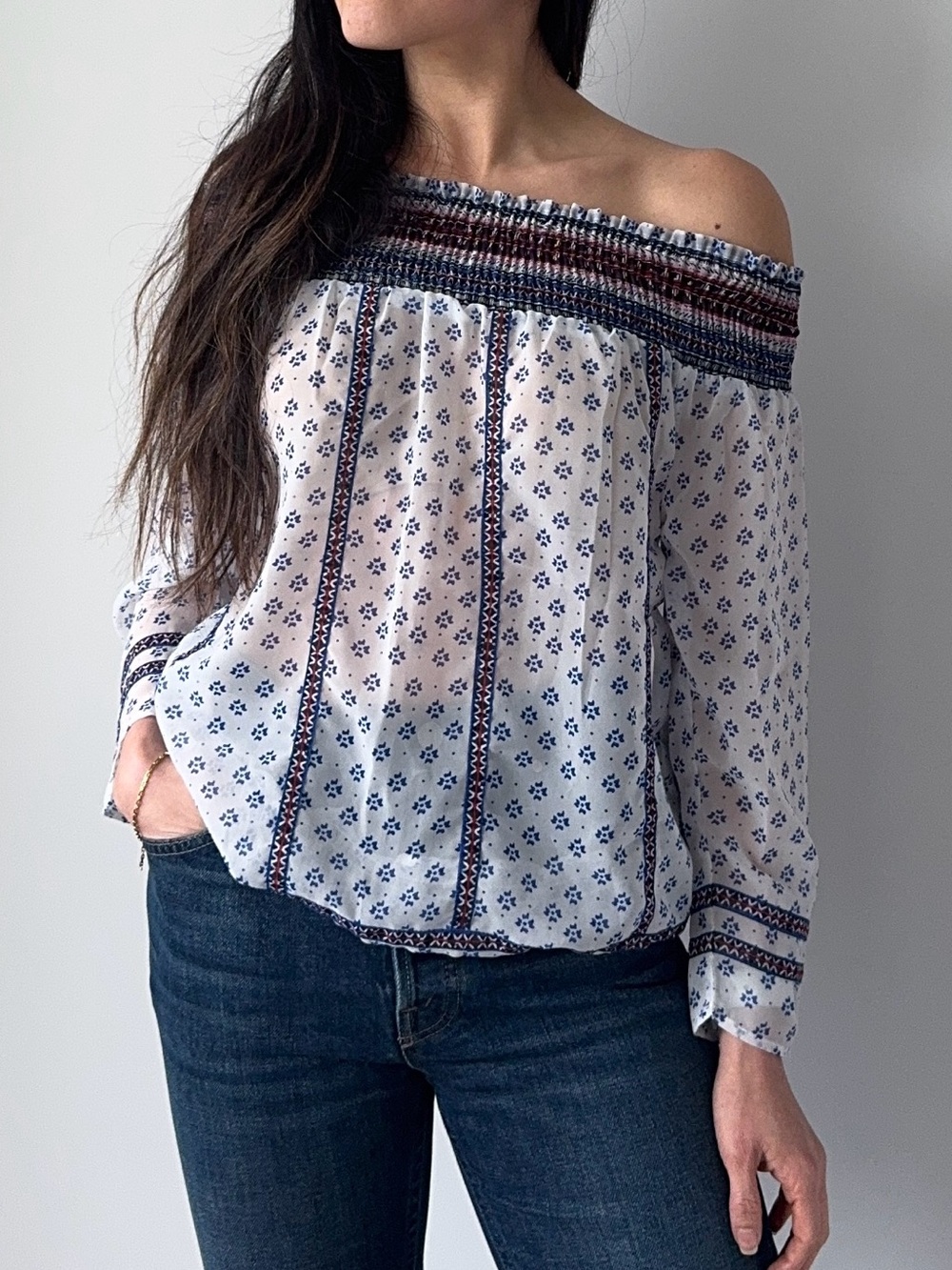 Sfera Boho Off Shoulder Blouse Floral Print White Multicolor Top